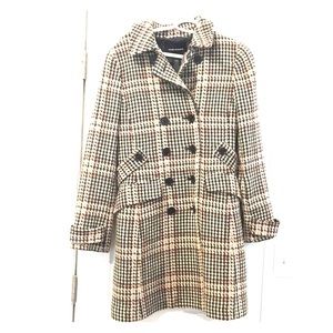 Pink, white, and gray houndstooth plaid peacoat
